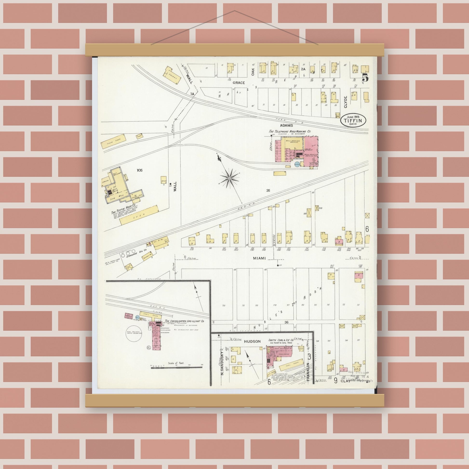 Old map wall art mockup — magnetic wood frame on brick wall — Sanborn Fire Insurance Map from Tiffin, Seneca County, Ohio (1908), Sheet #0005