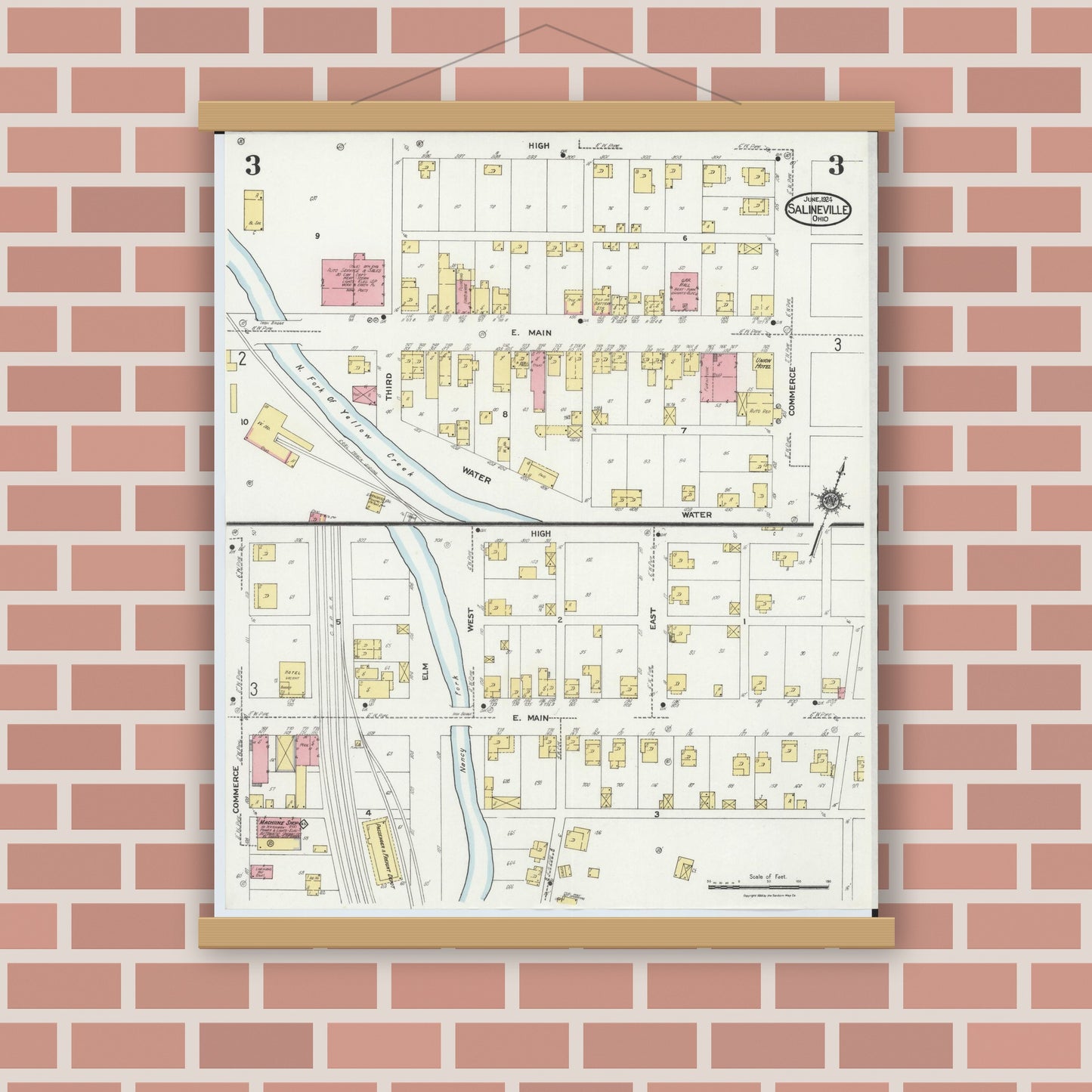 Old map wall art mockup — magnetic wood frame on brick wall — Sanborn Fire Insurance Map from Salineville, Columbiana County, Ohio (1924), Sheet #0003