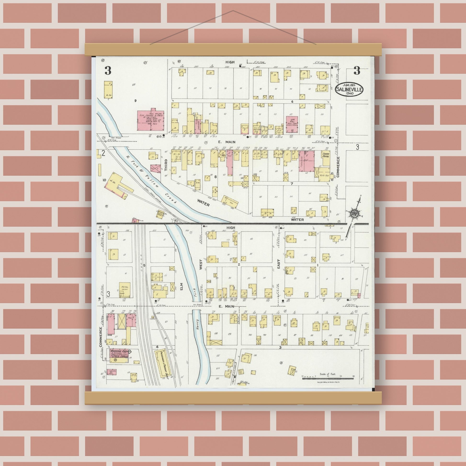 Old map wall art mockup — magnetic wood frame on brick wall — Sanborn Fire Insurance Map from Salineville, Columbiana County, Ohio (1924), Sheet #0003