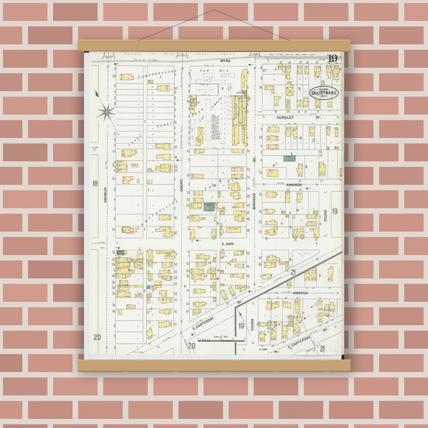 Old map wall art mockup — magnetic wood frame on brick wall — Sanborn Fire Insurance Map from Sault Sainte Marie, Chippewa County, Michigan (1902), Sheet #0019