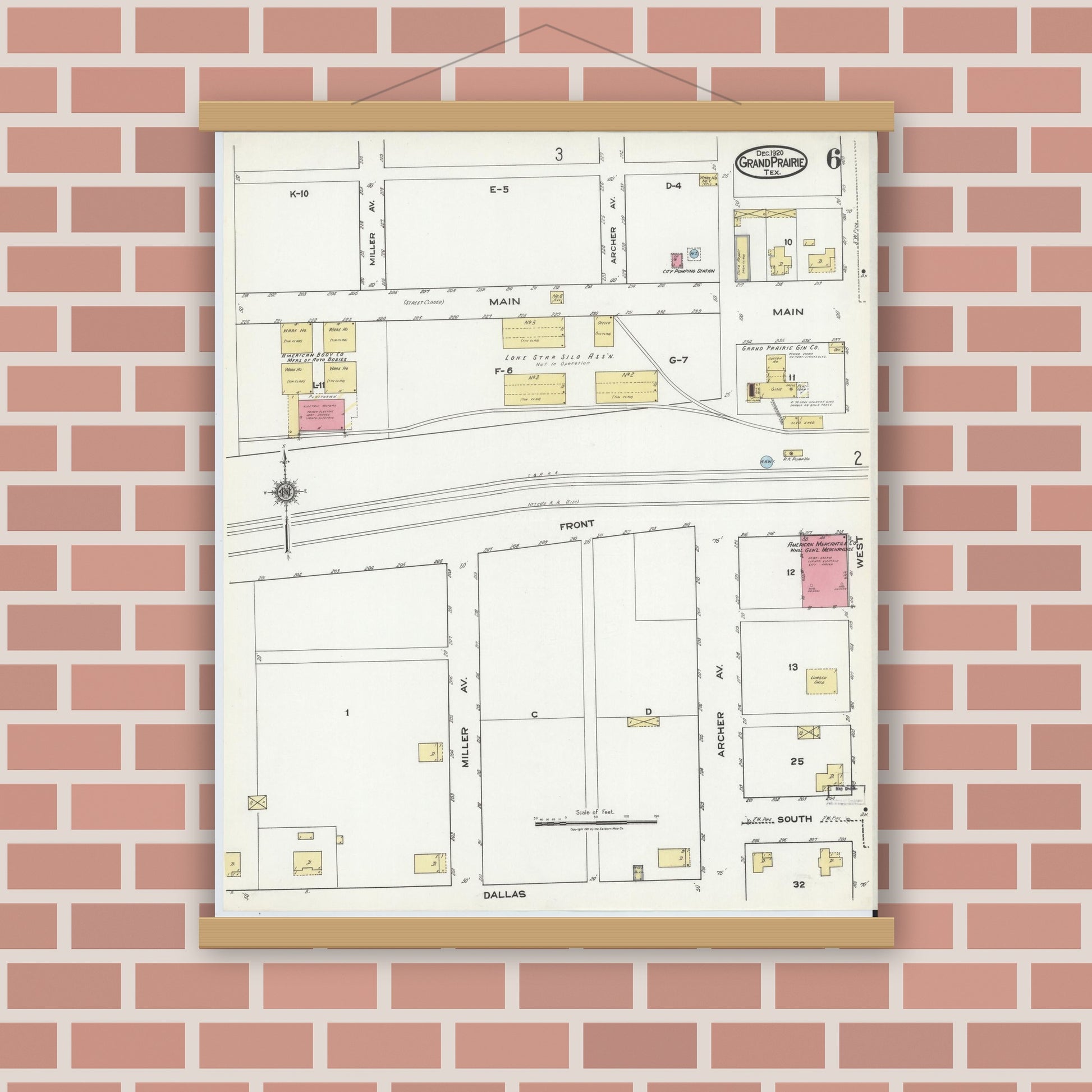 Old map wall art mockup — magnetic wood frame on brick wall — Sanborn Fire Insurance Map from Grand Prairie, Dallas County, Texas (1920), Sheet #0006