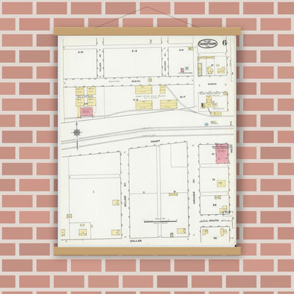 Old map wall art mockup — magnetic wood frame on brick wall — Sanborn Fire Insurance Map from Grand Prairie, Dallas County, Texas (1920), Sheet #0006