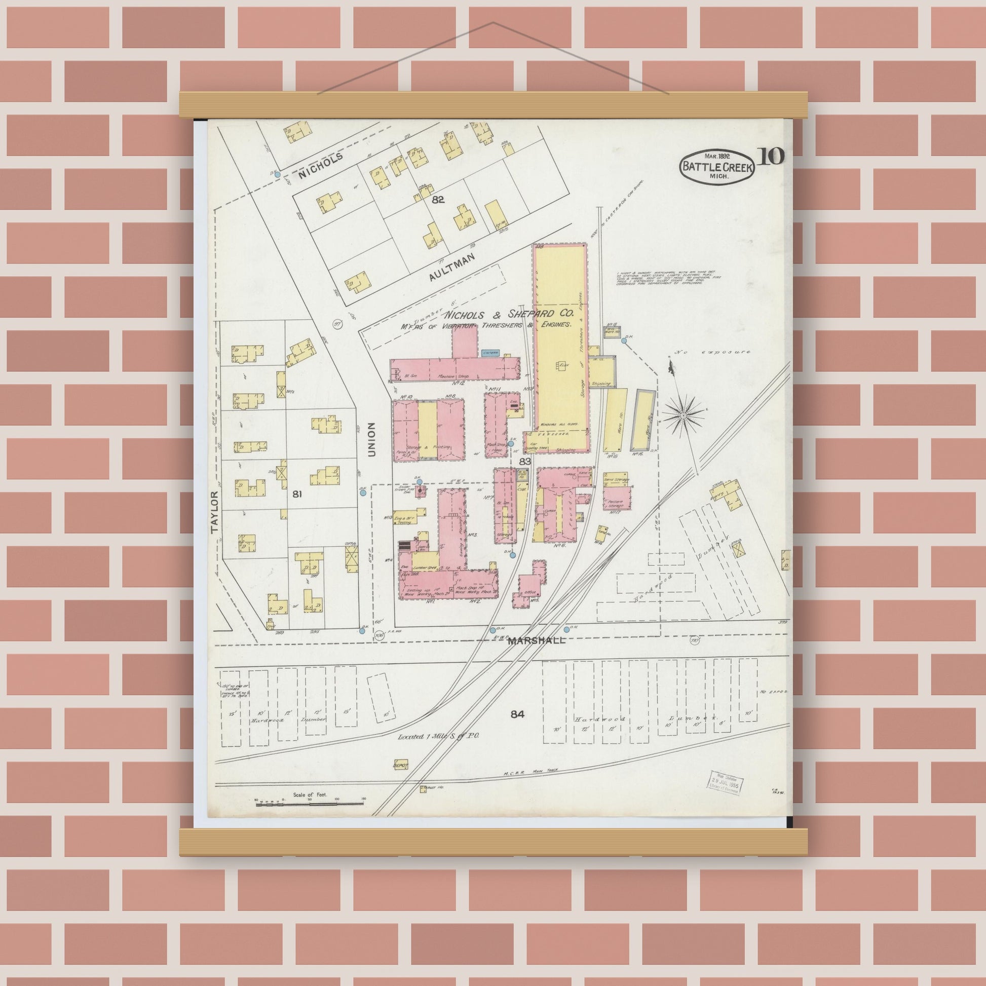 Old map wall art mockup — magnetic wood frame on brick wall — Sanborn Fire Insurance Map from Battle Creek, Calhoun County, Michigan (1892), Sheet #0010