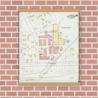 Old map wall art mockup — magnetic wood frame on brick wall — Sanborn Fire Insurance Map from Battle Creek, Calhoun County, Michigan (1892), Sheet #0010