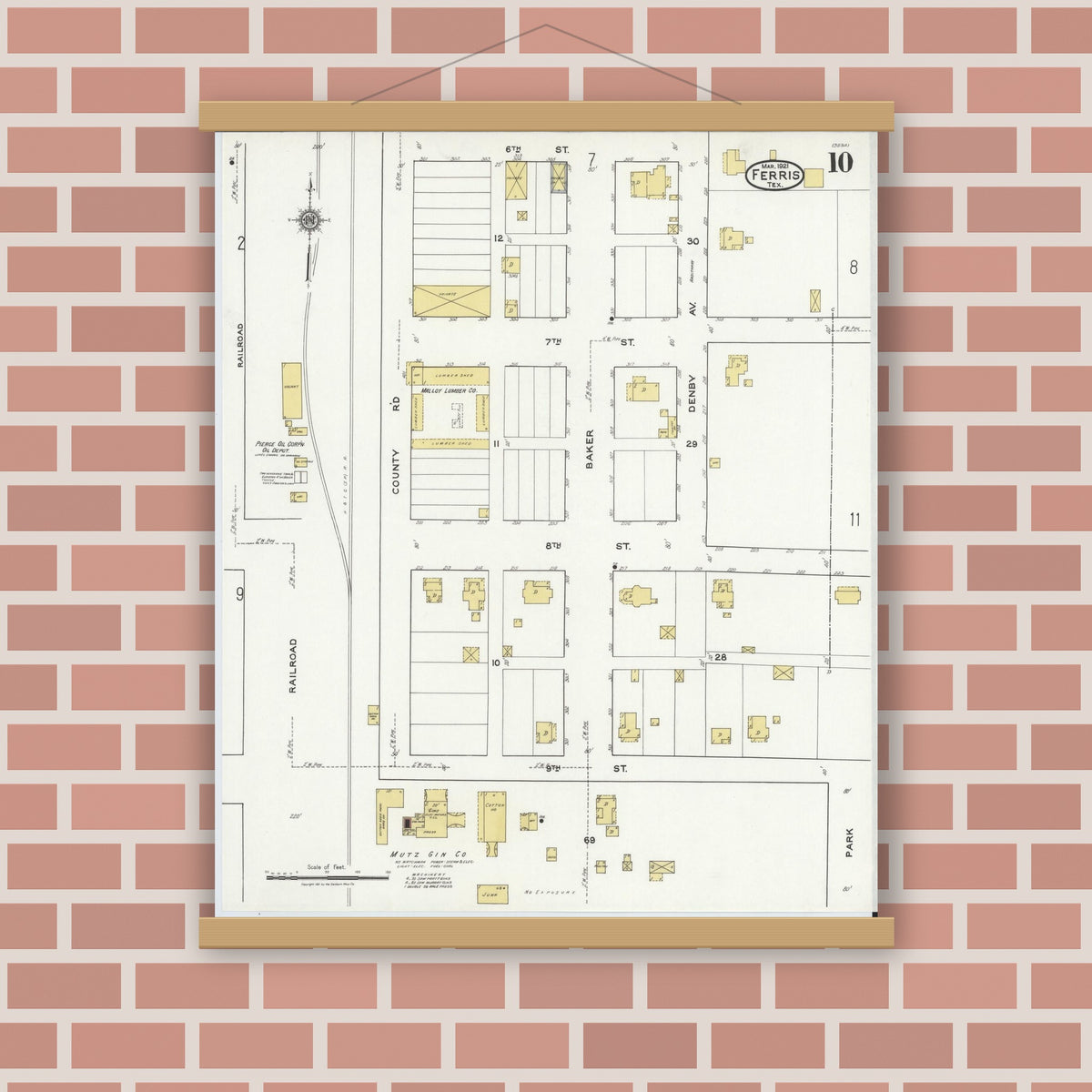 Old map wall art mockup — magnetic wood frame on brick wall — Sanborn Fire Insurance Map from Ferris, Ellis County, Texas (1921), Sheet #0010
