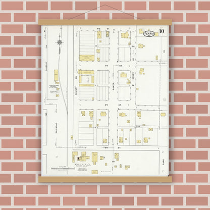 Old map wall art mockup — magnetic wood frame on brick wall — Sanborn Fire Insurance Map from Ferris, Ellis County, Texas (1921), Sheet #0010