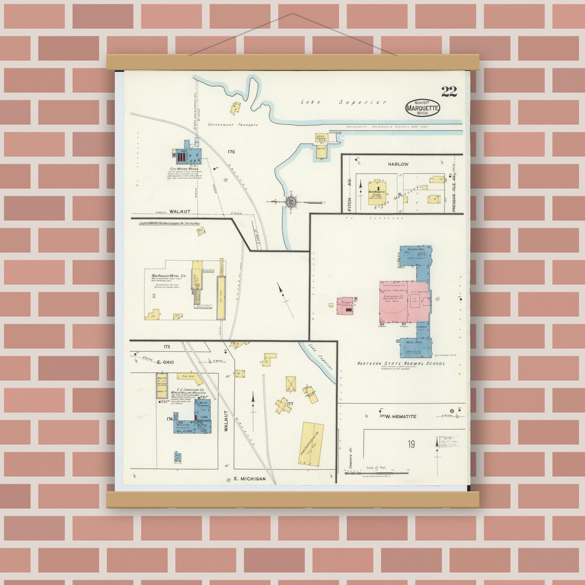 Old map wall art mockup — magnetic wood frame on brick wall — Sanborn Fire Insurance Map from Marquette, Marquette County, Michigan (1917), Sheet #0022