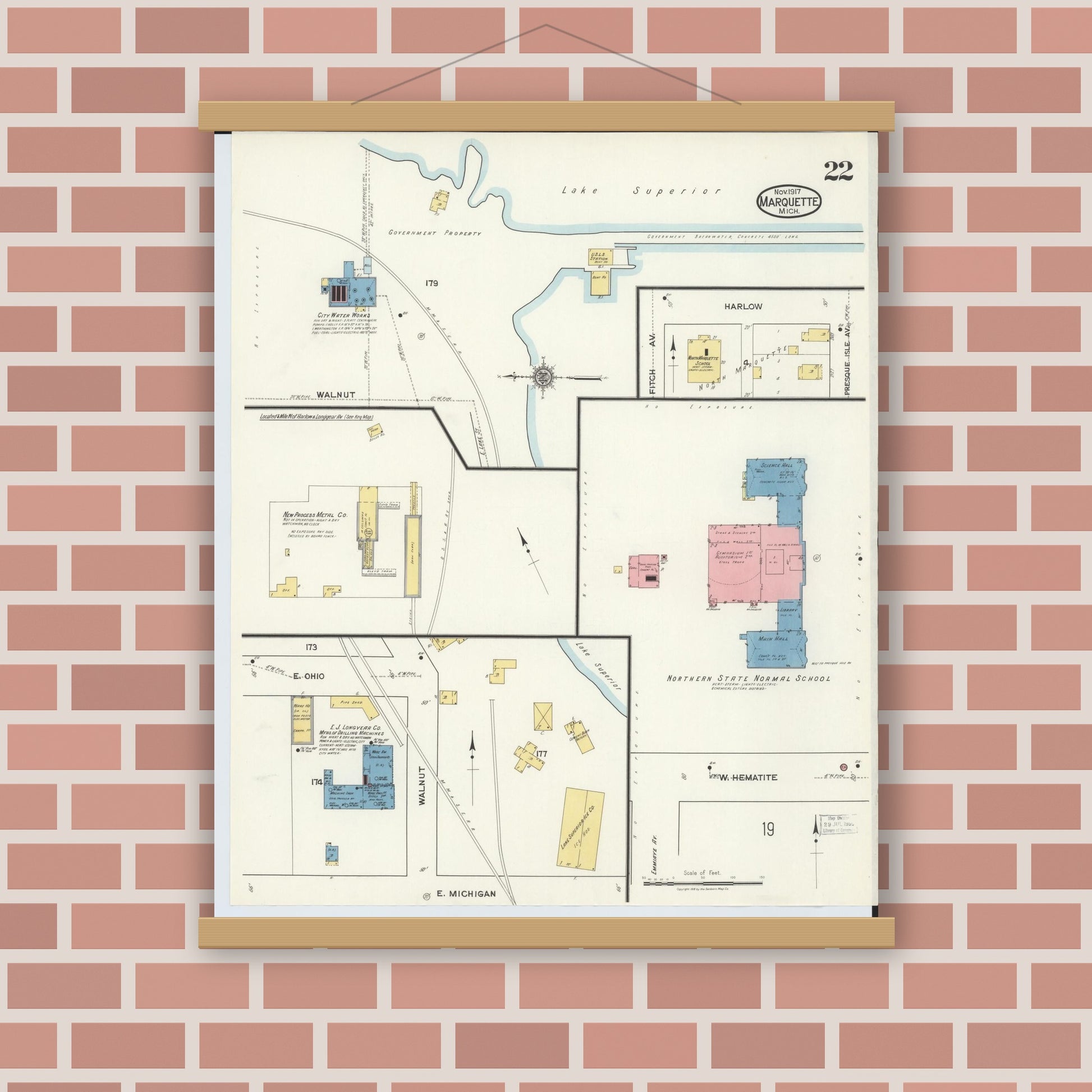 Old map wall art mockup — magnetic wood frame on brick wall — Sanborn Fire Insurance Map from Marquette, Marquette County, Michigan (1917), Sheet #0022