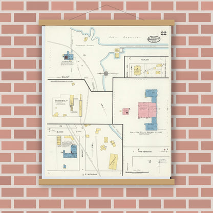 Old map wall art mockup — magnetic wood frame on brick wall — Sanborn Fire Insurance Map from Marquette, Marquette County, Michigan (1917), Sheet #0022