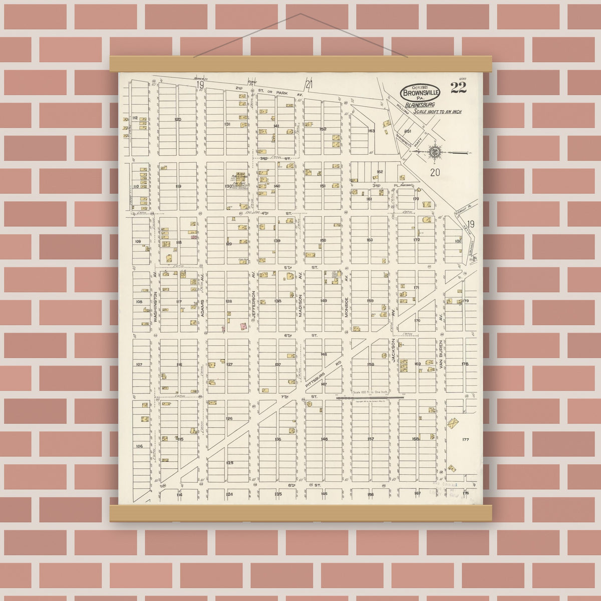 Old map wall art mockup — magnetic wood frame on brick wall — Sanborn Fire Insurance Map from Brownsville, Fayette County, Pennsylvania (1921), Sheet #0022