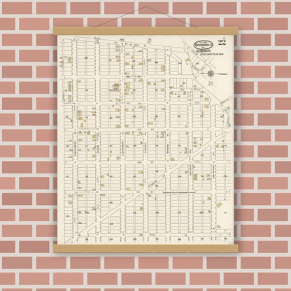 Old map wall art mockup — magnetic wood frame on brick wall — Sanborn Fire Insurance Map from Brownsville, Fayette County, Pennsylvania (1921), Sheet #0022