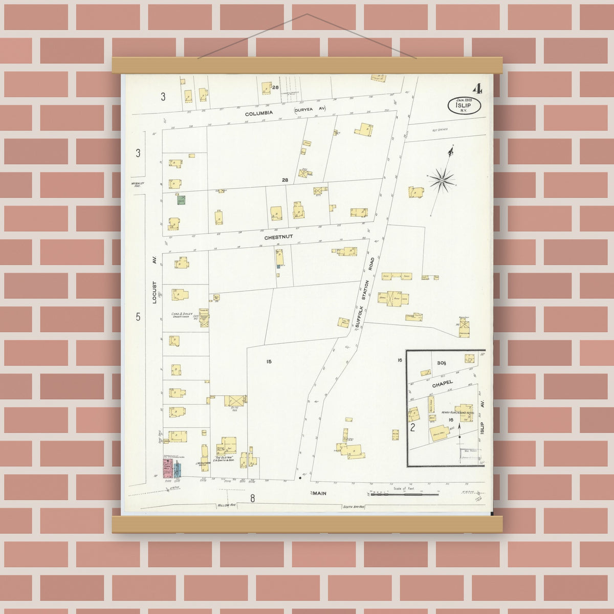 Old map wall art mockup — magnetic wood frame on brick wall — Sanborn Fire Insurance Map from Islip, Suffolk County, New York (1909), Sheet #0004