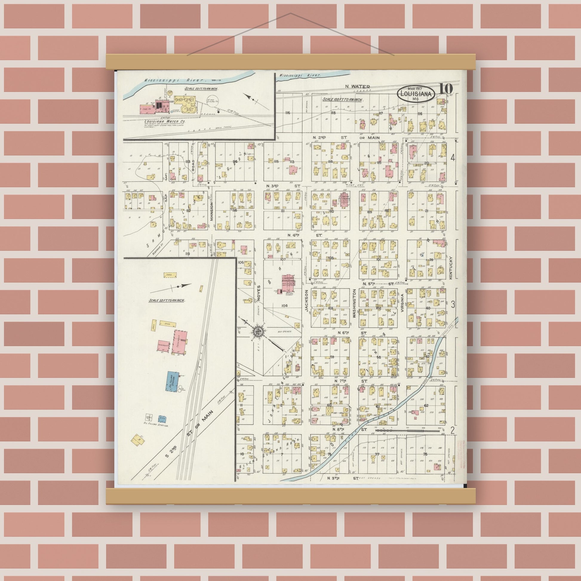 Old map wall art mockup — magnetic wood frame on brick wall — Sanborn Fire Insurance Map from Louisiana, Pike County, Missouri (1917), Sheet #0010