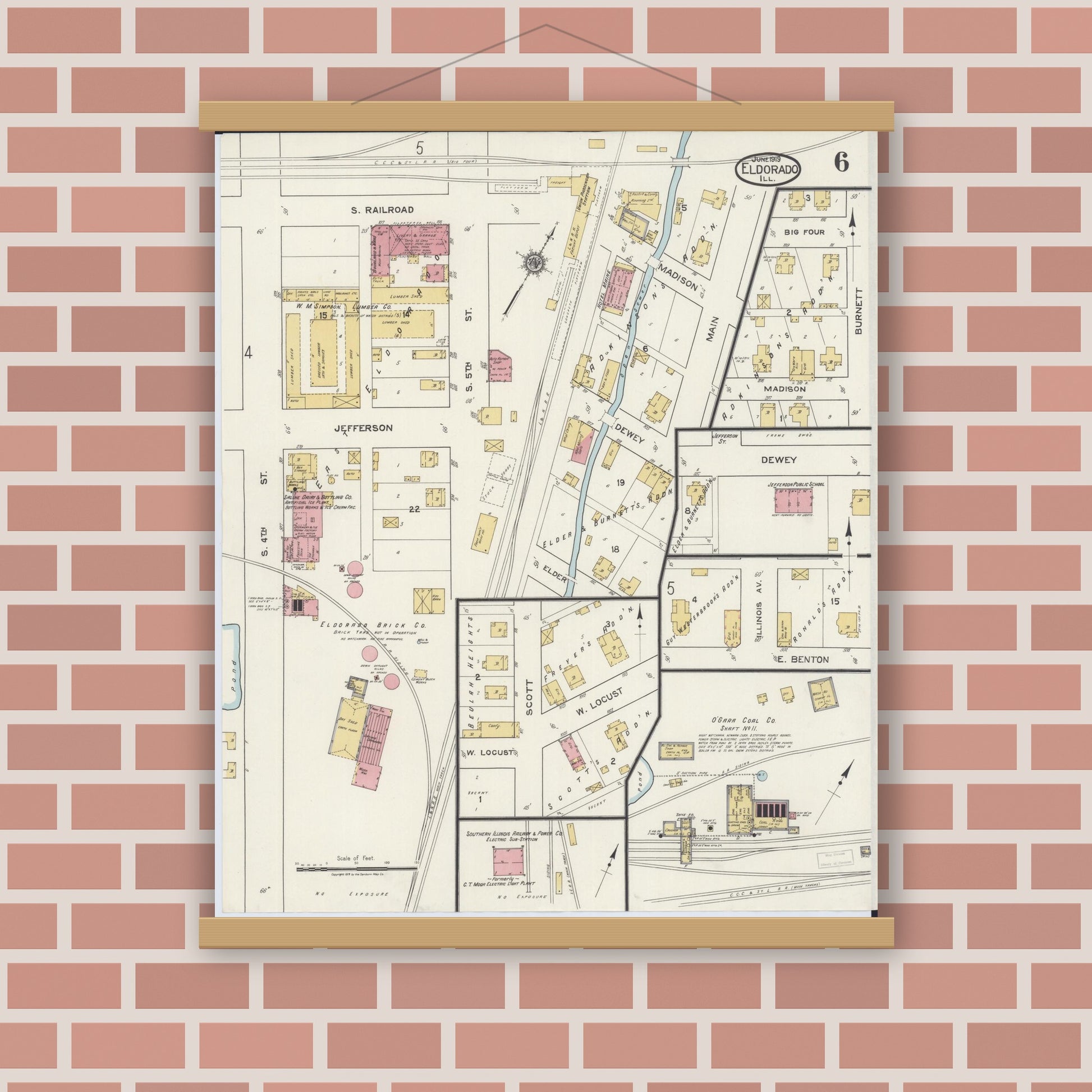 Old map wall art mockup — magnetic wood frame on brick wall — Sanborn Fire Insurance Map from Eldorado, Saline County, Illinois (1919), Sheet #0006
