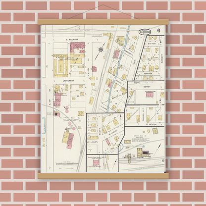 Old map wall art mockup — magnetic wood frame on brick wall — Sanborn Fire Insurance Map from Eldorado, Saline County, Illinois (1919), Sheet #0006