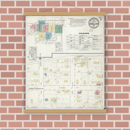 Old map wall art mockup — magnetic wood frame on brick wall — Sanborn Fire Insurance Map from Carrollton, Greene County, Illinois (1914), Sheet #0001