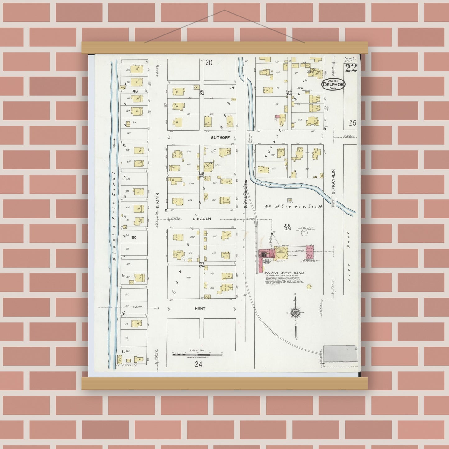 Old map wall art mockup — magnetic wood frame on brick wall — Sanborn Fire Insurance Map from Delphos, Van Wert And Allen Counties, Ohio (1921), Sheet #0022