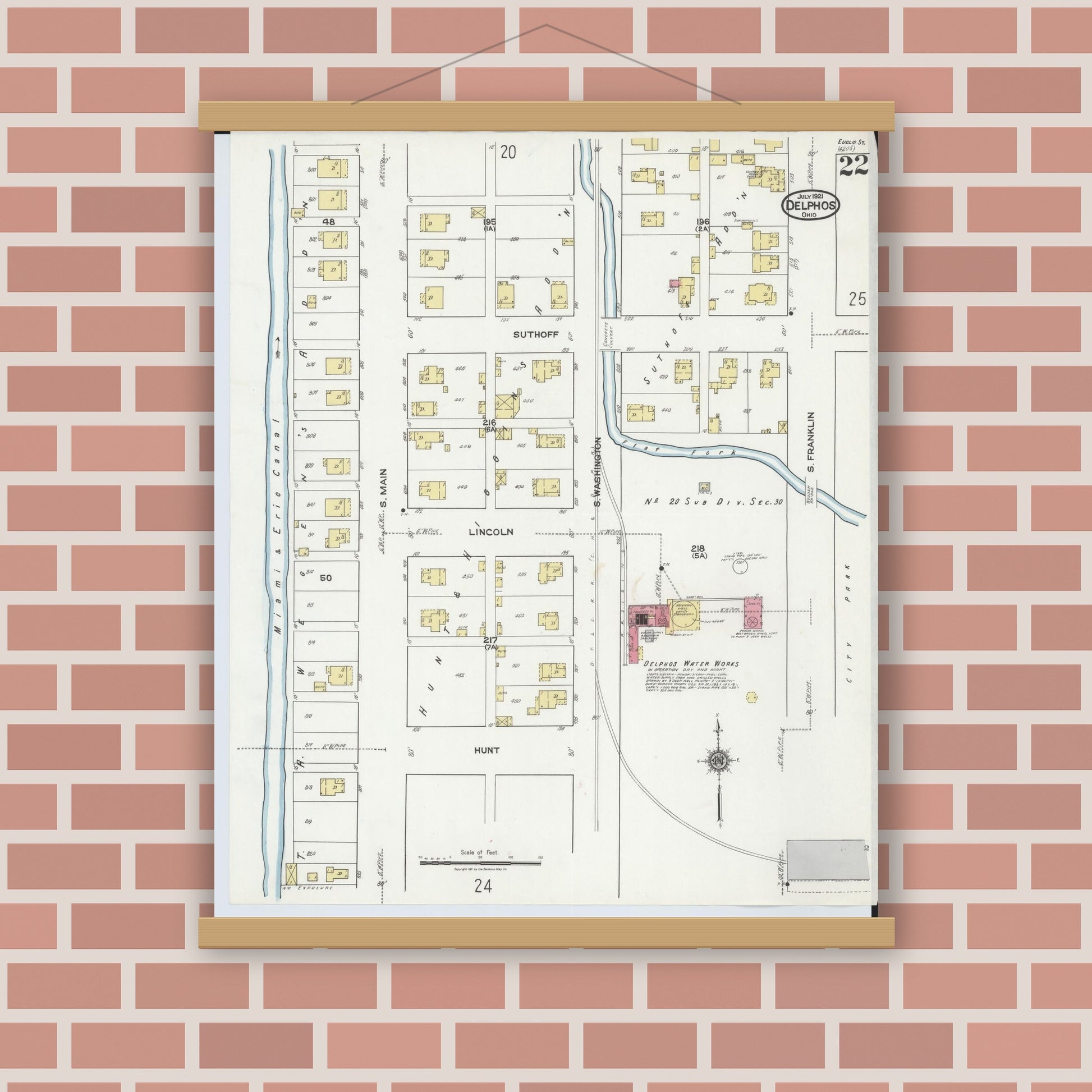 Old map wall art mockup — magnetic wood frame on brick wall — Sanborn Fire Insurance Map from Delphos, Van Wert And Allen Counties, Ohio (1921), Sheet #0022