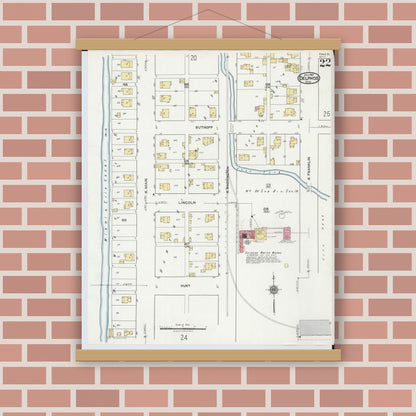 Old map wall art mockup — magnetic wood frame on brick wall — Sanborn Fire Insurance Map from Delphos, Van Wert And Allen Counties, Ohio (1921), Sheet #0022