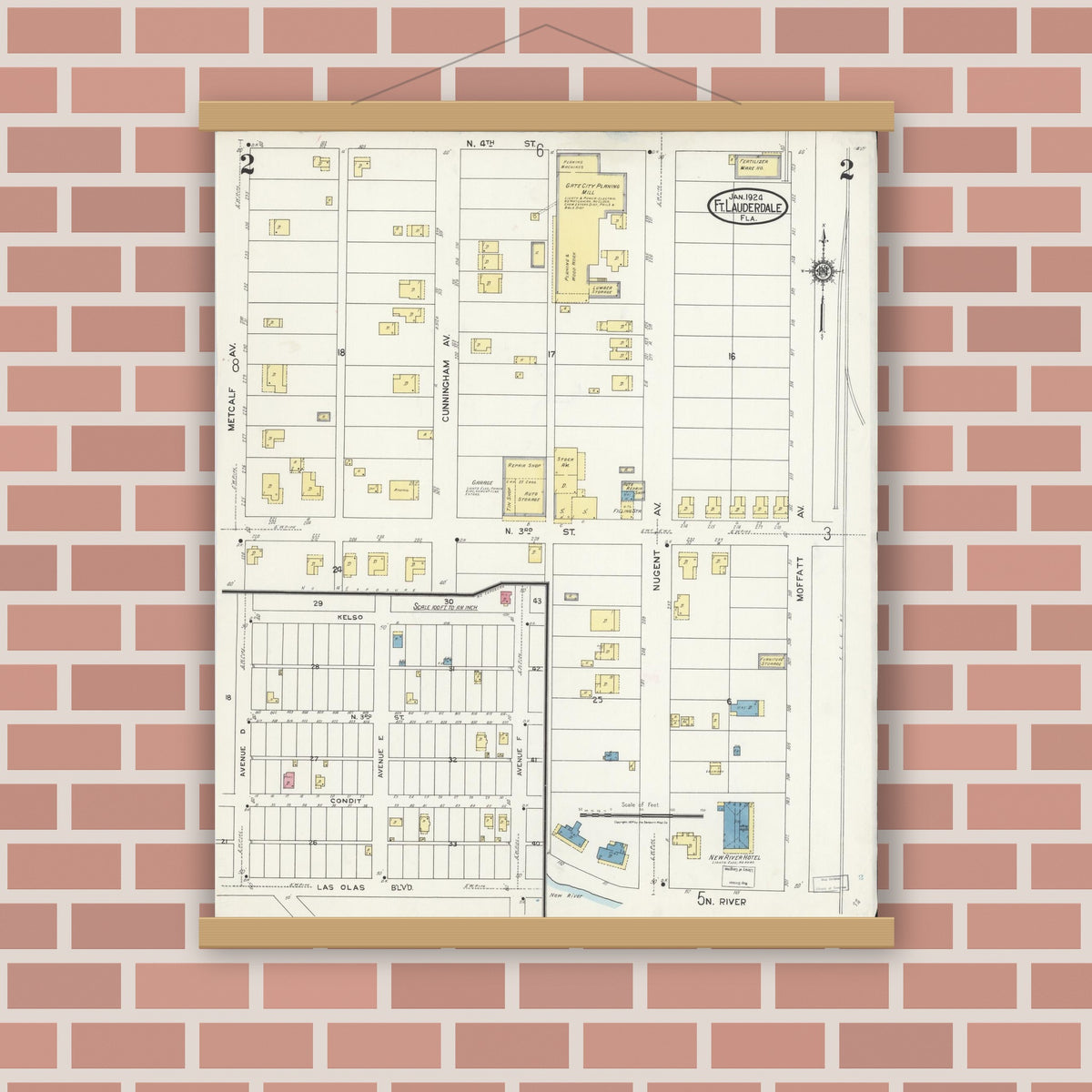Old map wall art mockup — magnetic wood frame on brick wall — Sanborn Fire Insurance Map from Fort Lauderdale, Broward County, Florida (1924), Sheet #0002