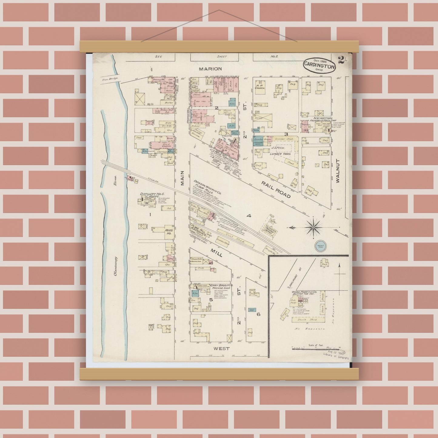 Old map wall art mockup — magnetic wood frame on brick wall — Sanborn Fire Insurance Map from Cardington, Morrow County, Ohio (1885), Sheet #0002