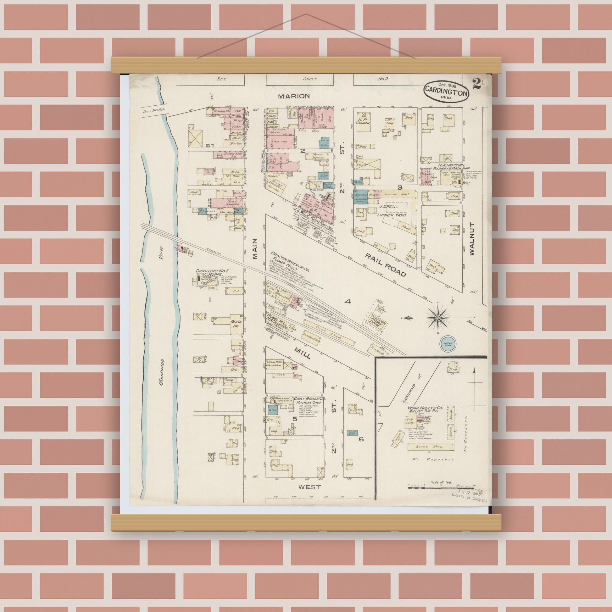 Old map wall art mockup — magnetic wood frame on brick wall — Sanborn Fire Insurance Map from Cardington, Morrow County, Ohio (1885), Sheet #0002