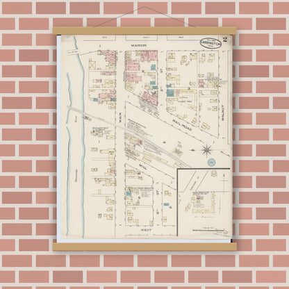 Old map wall art mockup — magnetic wood frame on brick wall — Sanborn Fire Insurance Map from Cardington, Morrow County, Ohio (1885), Sheet #0002