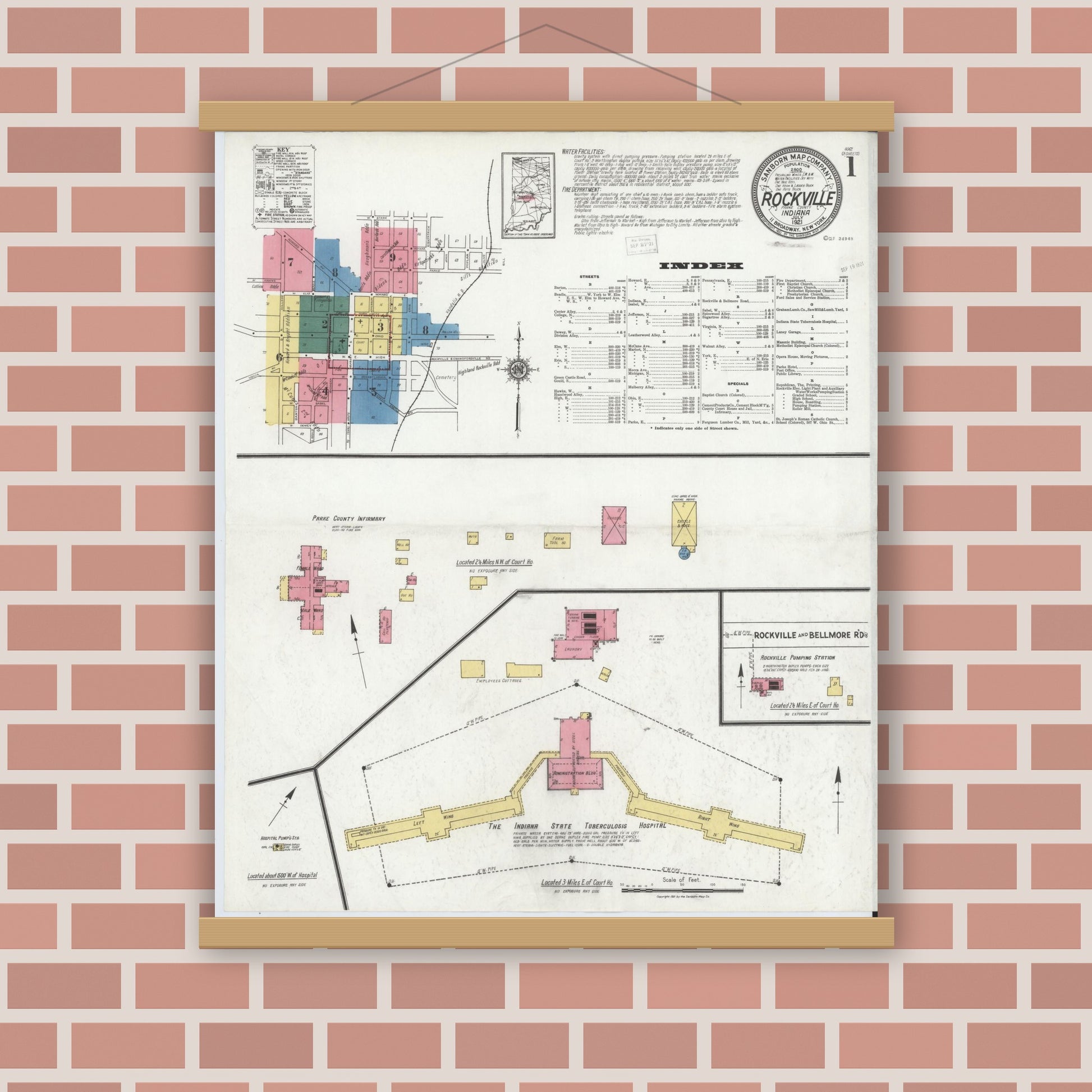 Old map wall art mockup — magnetic wood frame on brick wall — Sanborn Fire Insurance Map from Rockville, Parke County, Indiana (1921), Sheet #0001
