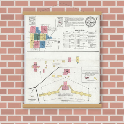 Old map wall art mockup — magnetic wood frame on brick wall — Sanborn Fire Insurance Map from Rockville, Parke County, Indiana (1921), Sheet #0001