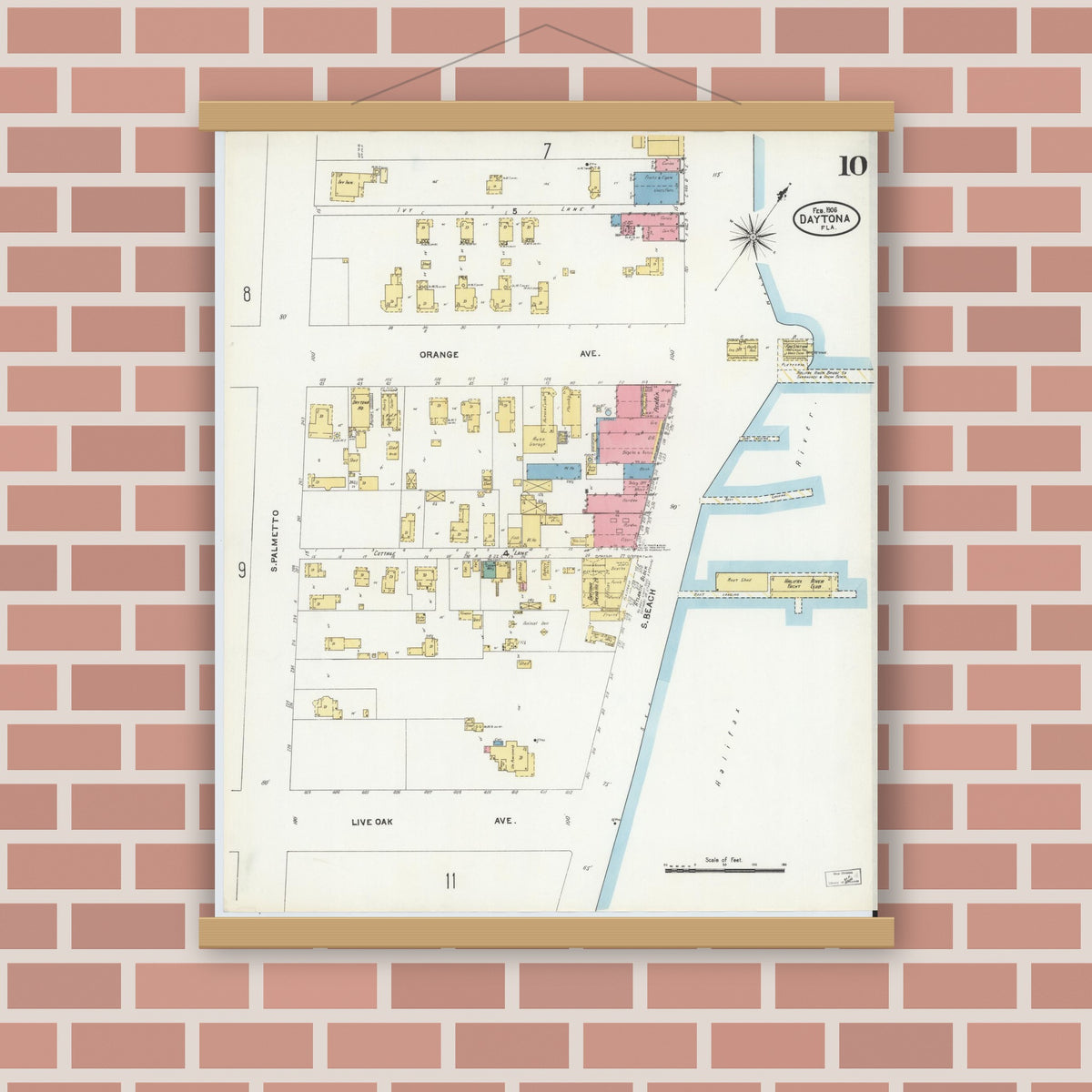 Old map wall art mockup — magnetic wood frame on brick wall — Sanborn Fire Insurance Map from Daytona, Volusia County, Florida (1906), Sheet #0010