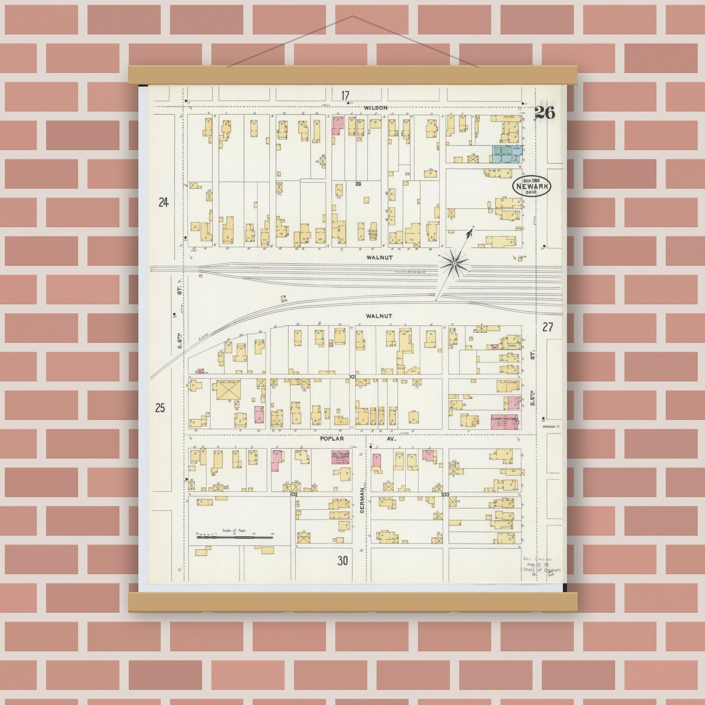 Old map wall art mockup — magnetic wood frame on brick wall — Sanborn Fire Insurance Map from Newark, Licking County, Ohio (1905), Sheet #0026