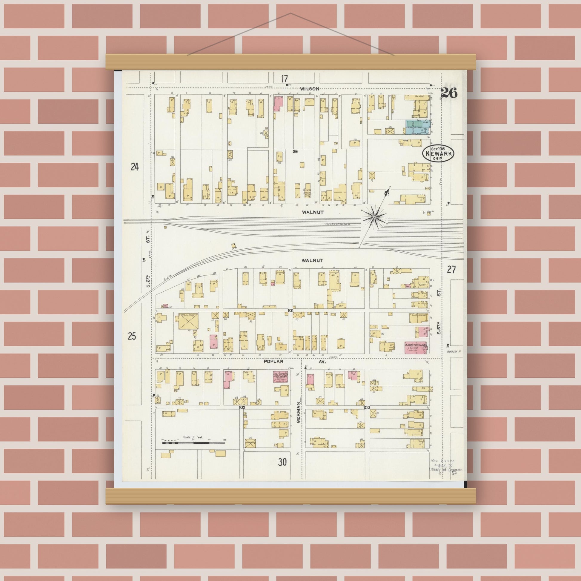 Old map wall art mockup — magnetic wood frame on brick wall — Sanborn Fire Insurance Map from Newark, Licking County, Ohio (1905), Sheet #0026