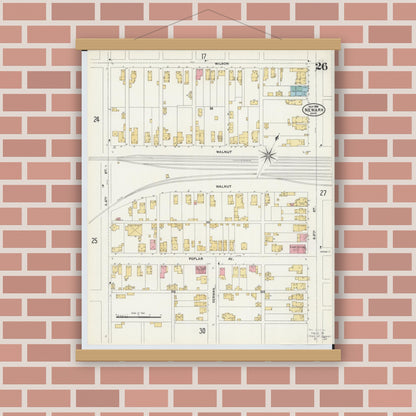 Old map wall art mockup — magnetic wood frame on brick wall — Sanborn Fire Insurance Map from Newark, Licking County, Ohio (1905), Sheet #0026