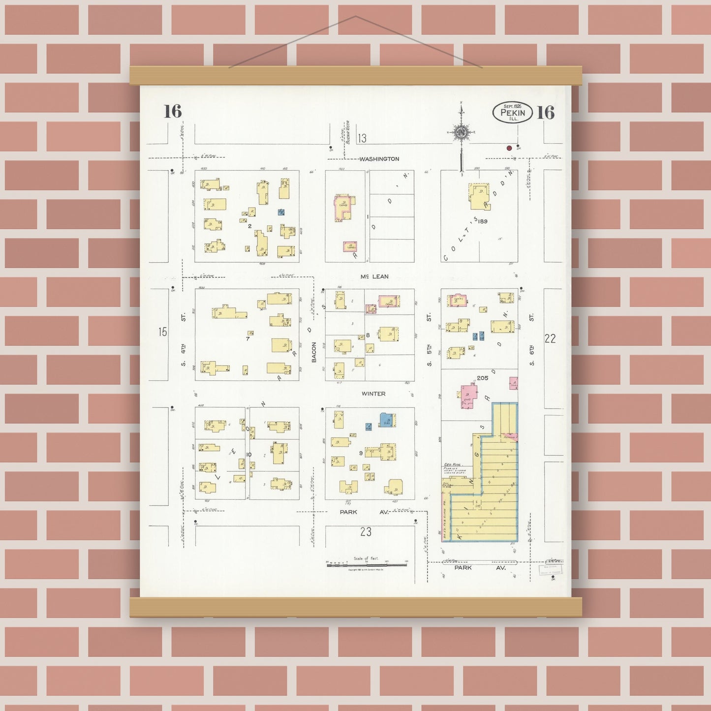 Old map wall art mockup — magnetic wood frame on brick wall — Sanborn Fire Insurance Map from Pekin, Tazewell County, Illinois (1925), Sheet #0016