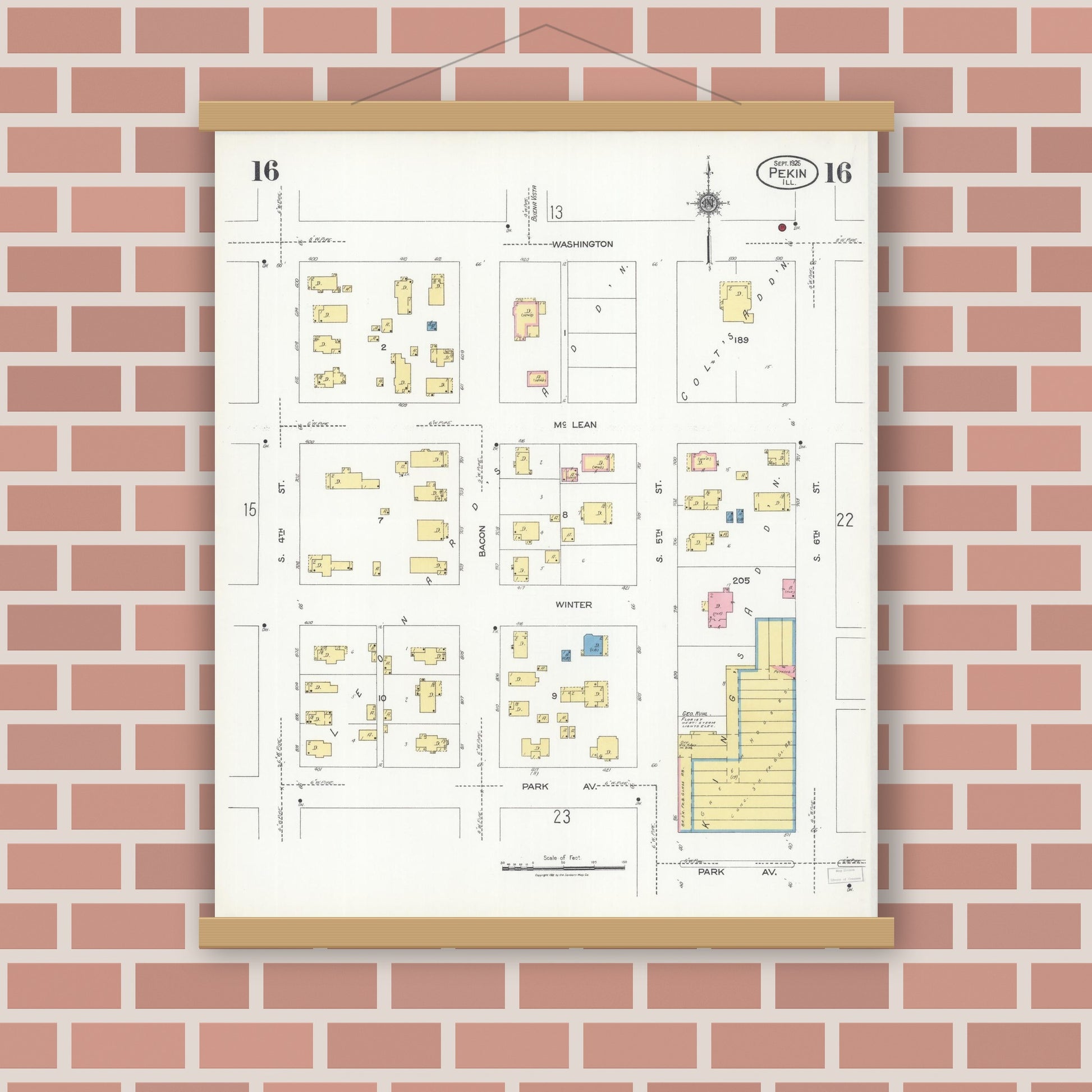 Old map wall art mockup — magnetic wood frame on brick wall — Sanborn Fire Insurance Map from Pekin, Tazewell County, Illinois (1925), Sheet #0016