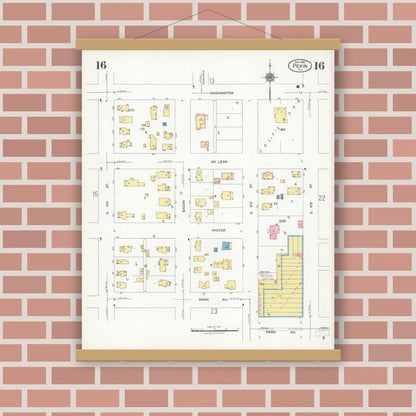 Old map wall art mockup — magnetic wood frame on brick wall — Sanborn Fire Insurance Map from Pekin, Tazewell County, Illinois (1925), Sheet #0016