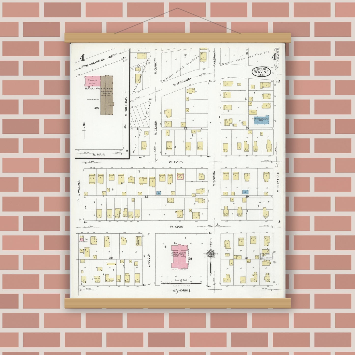 Old map wall art mockup — magnetic wood frame on brick wall — Sanborn Fire Insurance Map from Wayne, Wayne County, Michigan (1926), Sheet #0004