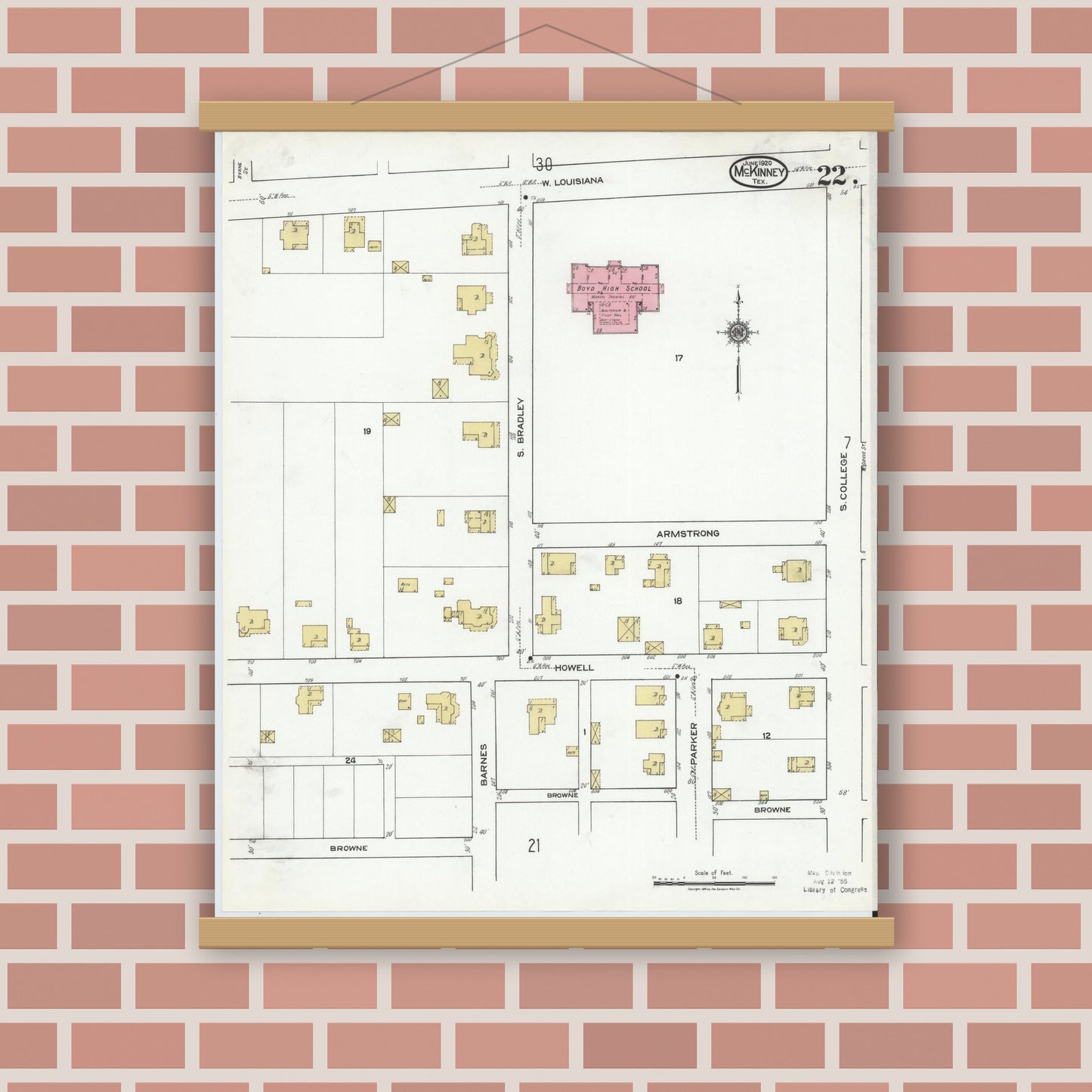 Old map wall art mockup — magnetic wood frame on brick wall — Sanborn Fire Insurance Map from McKinney, Collin County, Texas (1920), Sheet #0022