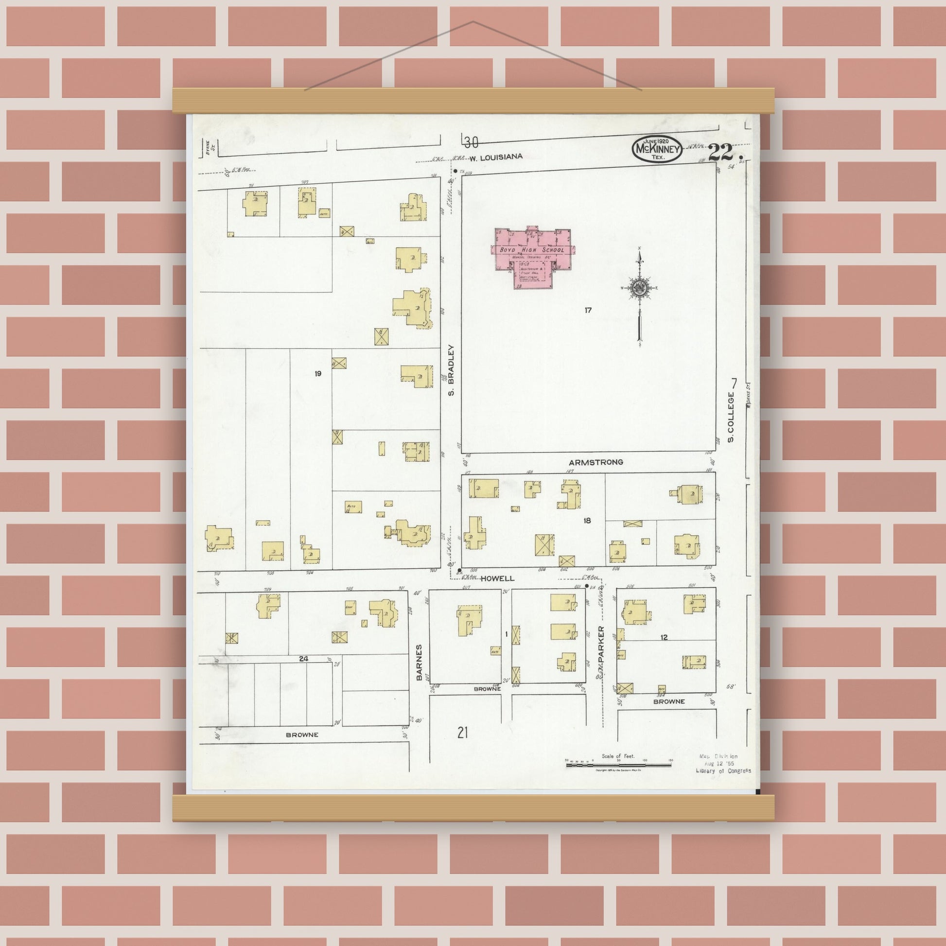 Old map wall art mockup — magnetic wood frame on brick wall — Sanborn Fire Insurance Map from McKinney, Collin County, Texas (1920), Sheet #0022