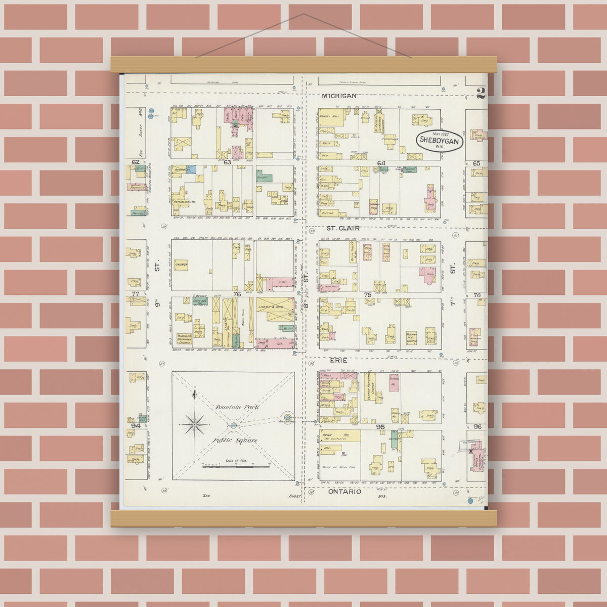 Old map wall art mockup — magnetic wood frame on brick wall — Sanborn Fire Insurance Map from Sheboygan, Sheboygan County, Wisconsin (1887), Sheet #0002