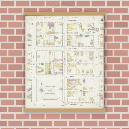 Old map wall art mockup — magnetic wood frame on brick wall — Sanborn Fire Insurance Map from Sheboygan, Sheboygan County, Wisconsin (1887), Sheet #0002