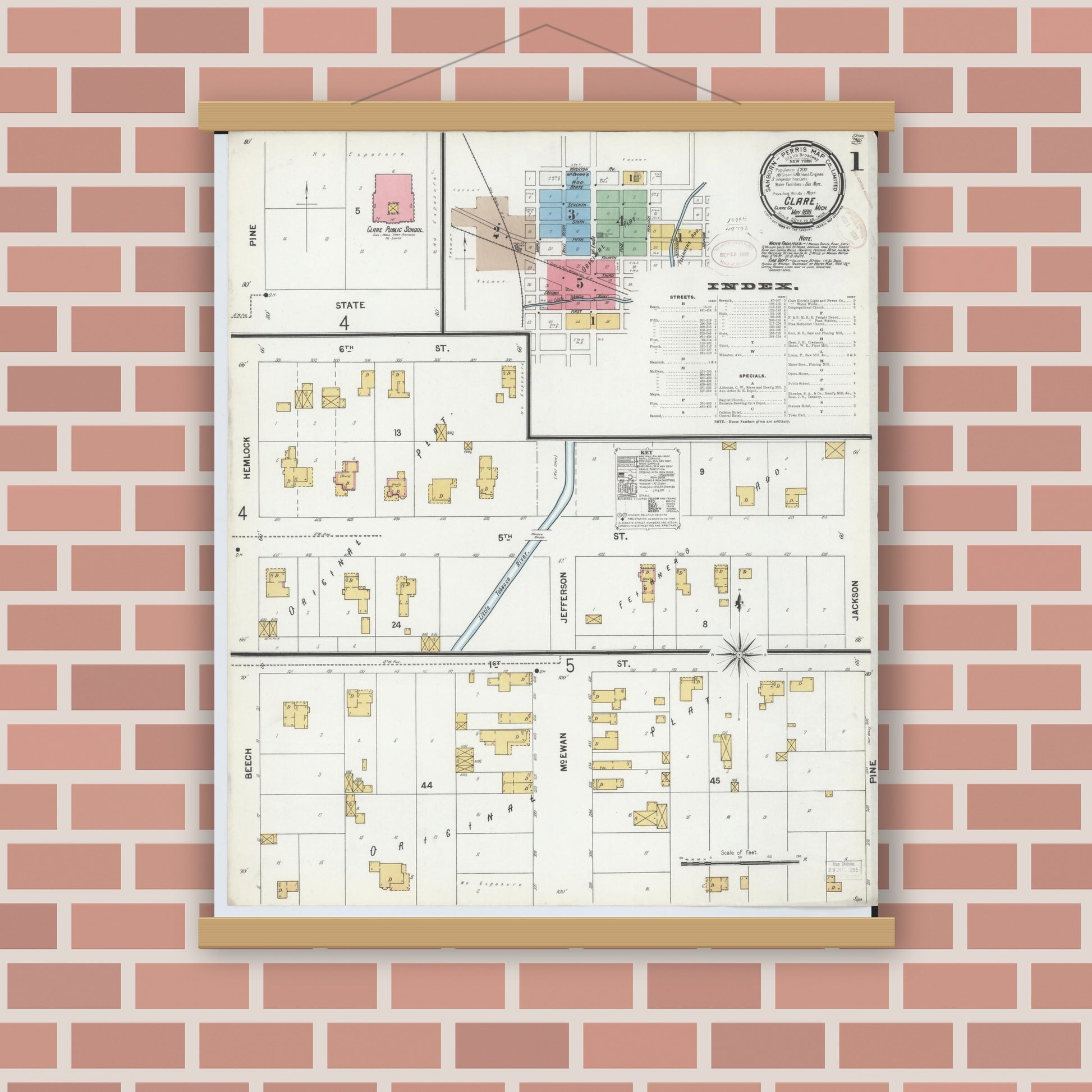 Old map wall art mockup — magnetic wood frame on brick wall — Sanborn Fire Insurance Map from Clare, Clare County, Michigan (1899), Sheet #0001
