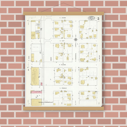 Old map wall art mockup — magnetic wood frame on brick wall — Sanborn Fire Insurance Map from Bryan, Brazos County, Texas (1912), Sheet #0005