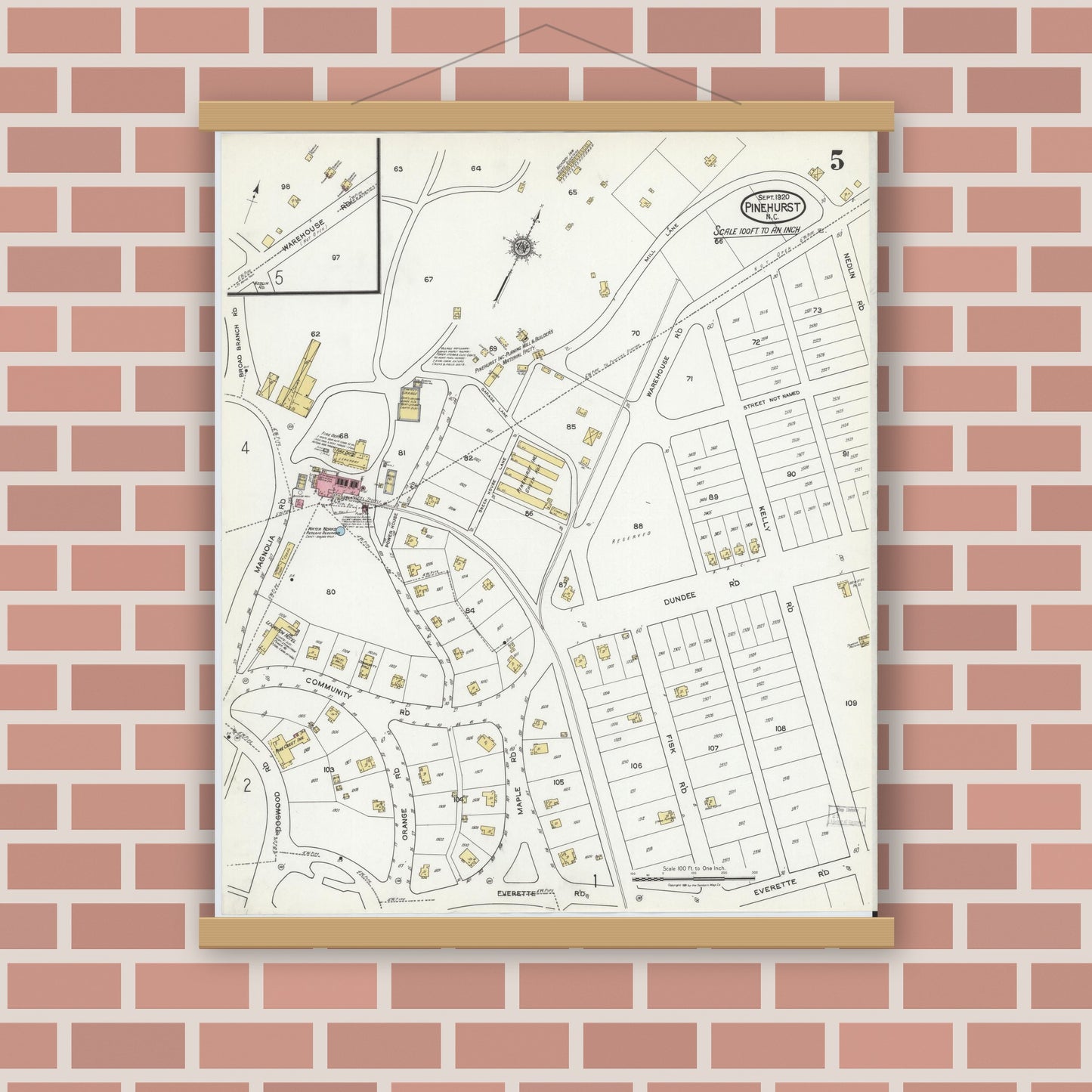 Old map wall art mockup — magnetic wood frame on brick wall — Sanborn Fire Insurance Map from Pinehurst, Moore County, North Carolina (1920), Sheet #0005