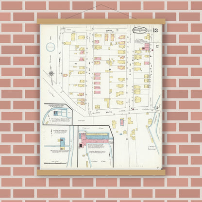 Old map wall art mockup — magnetic wood frame on brick wall — Sanborn Fire Insurance Map from Mechanicville, Saratoga County, New York (1911), Sheet #0013