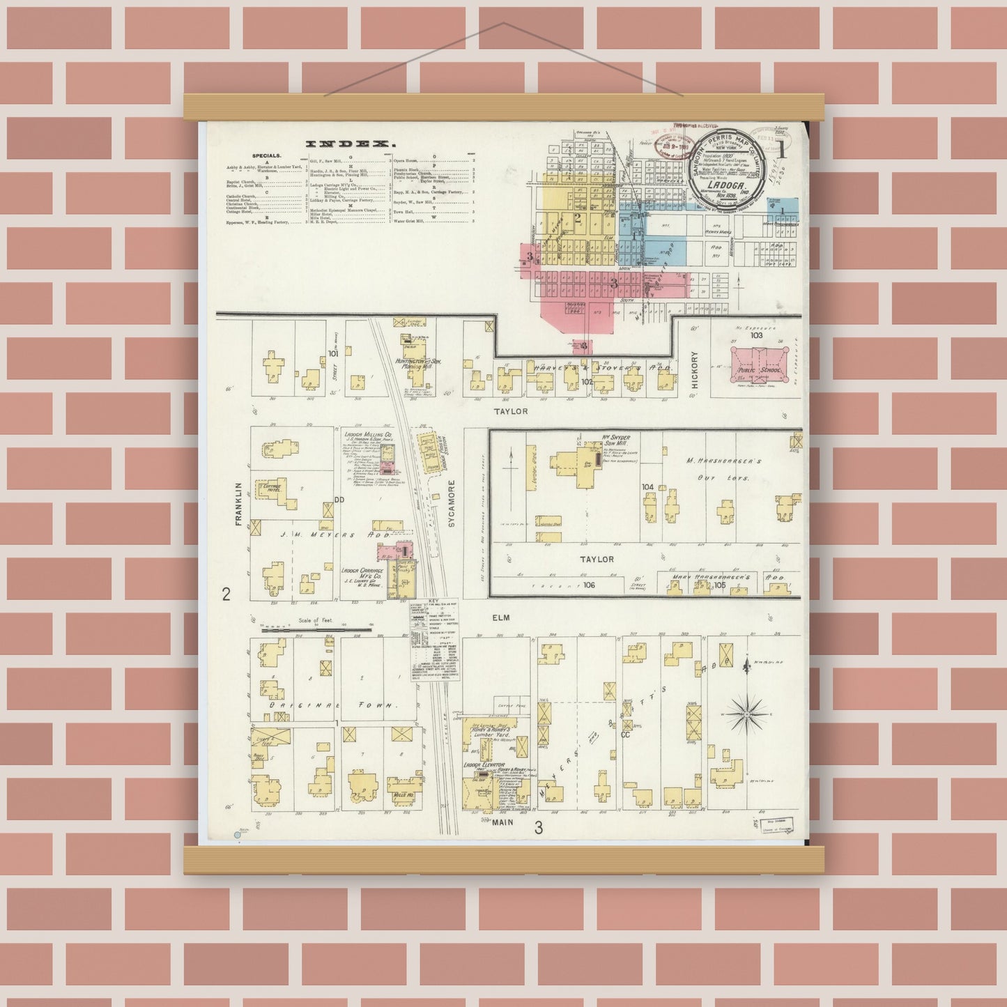 Old map wall art mockup — magnetic wood frame on brick wall — Sanborn Fire Insurance Map from Ladoga, Montgomery County, Indiana (1898) - Complete Map Set