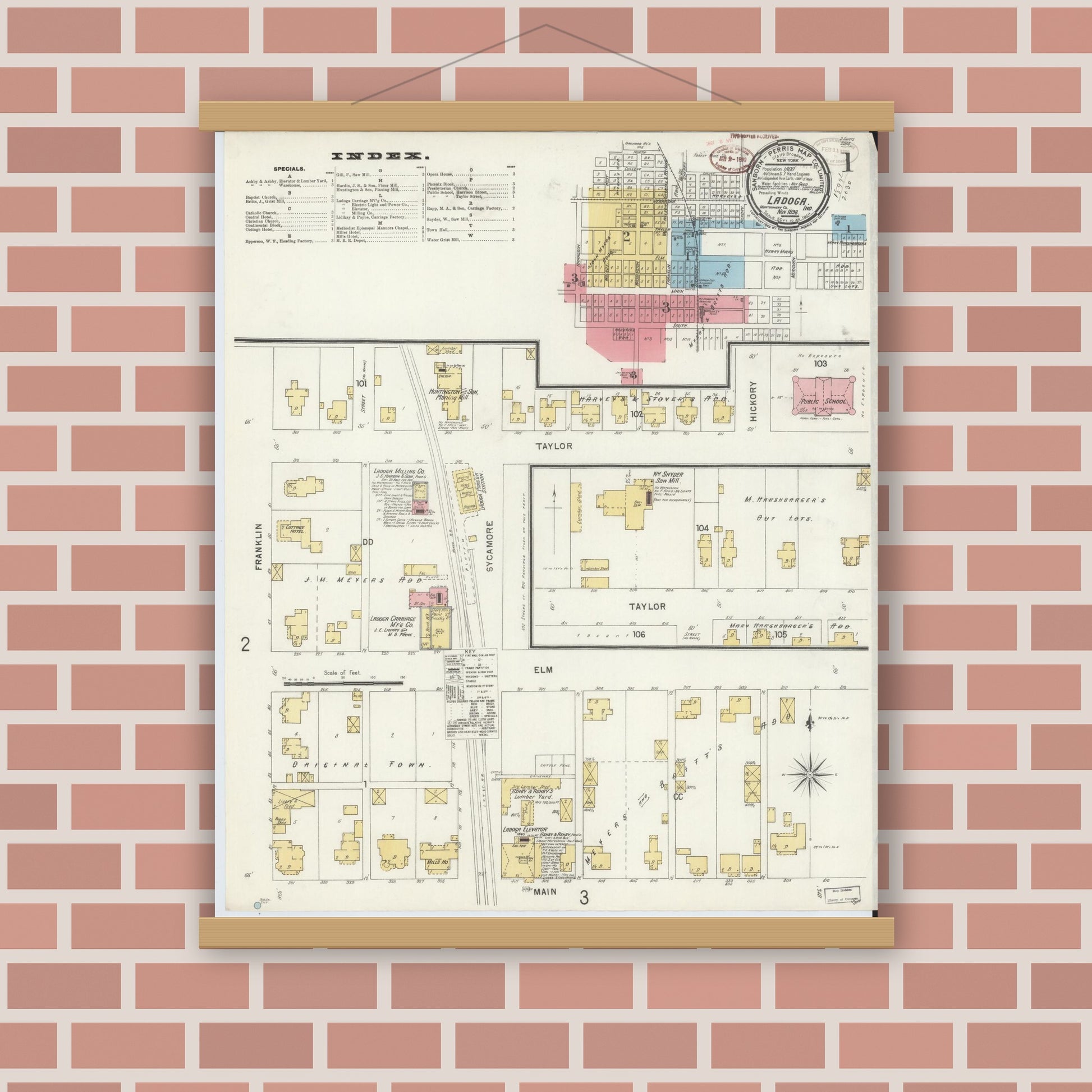 Old map wall art mockup — magnetic wood frame on brick wall — Sanborn Fire Insurance Map from Ladoga, Montgomery County, Indiana (1898) - Complete Map Set