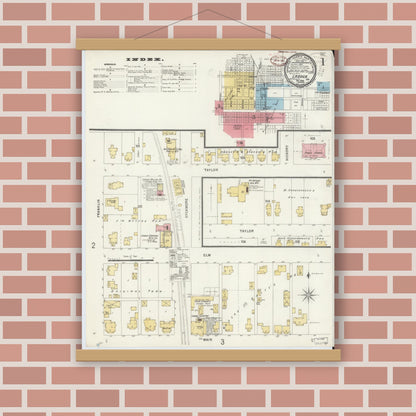 Old map wall art mockup — magnetic wood frame on brick wall — Sanborn Fire Insurance Map from Ladoga, Montgomery County, Indiana (1898) - Complete Map Set