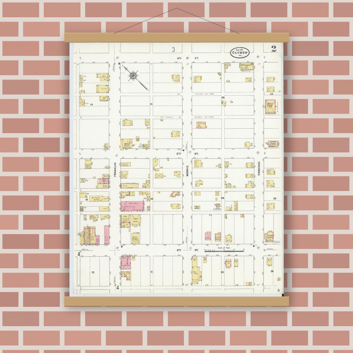 Old map wall art mockup — magnetic wood frame on brick wall — Sanborn Fire Insurance Map from Clymer, Indiana County, Pennsylvania (1911), Sheet #0002