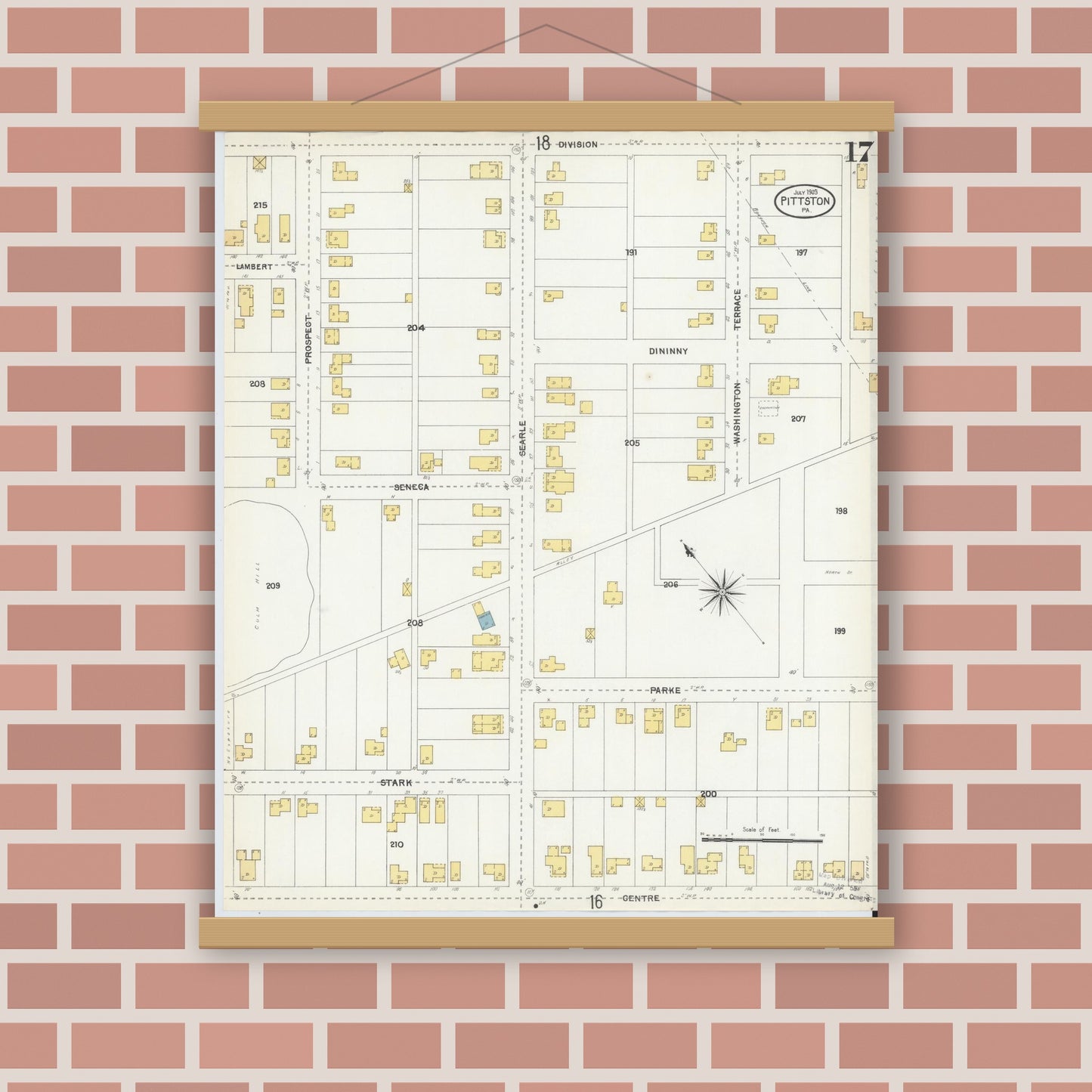 Old map wall art mockup — magnetic wood frame on brick wall — Sanborn Fire Insurance Map from Pittston, Luzerne County, Pennsylvania (1903), Sheet #0017